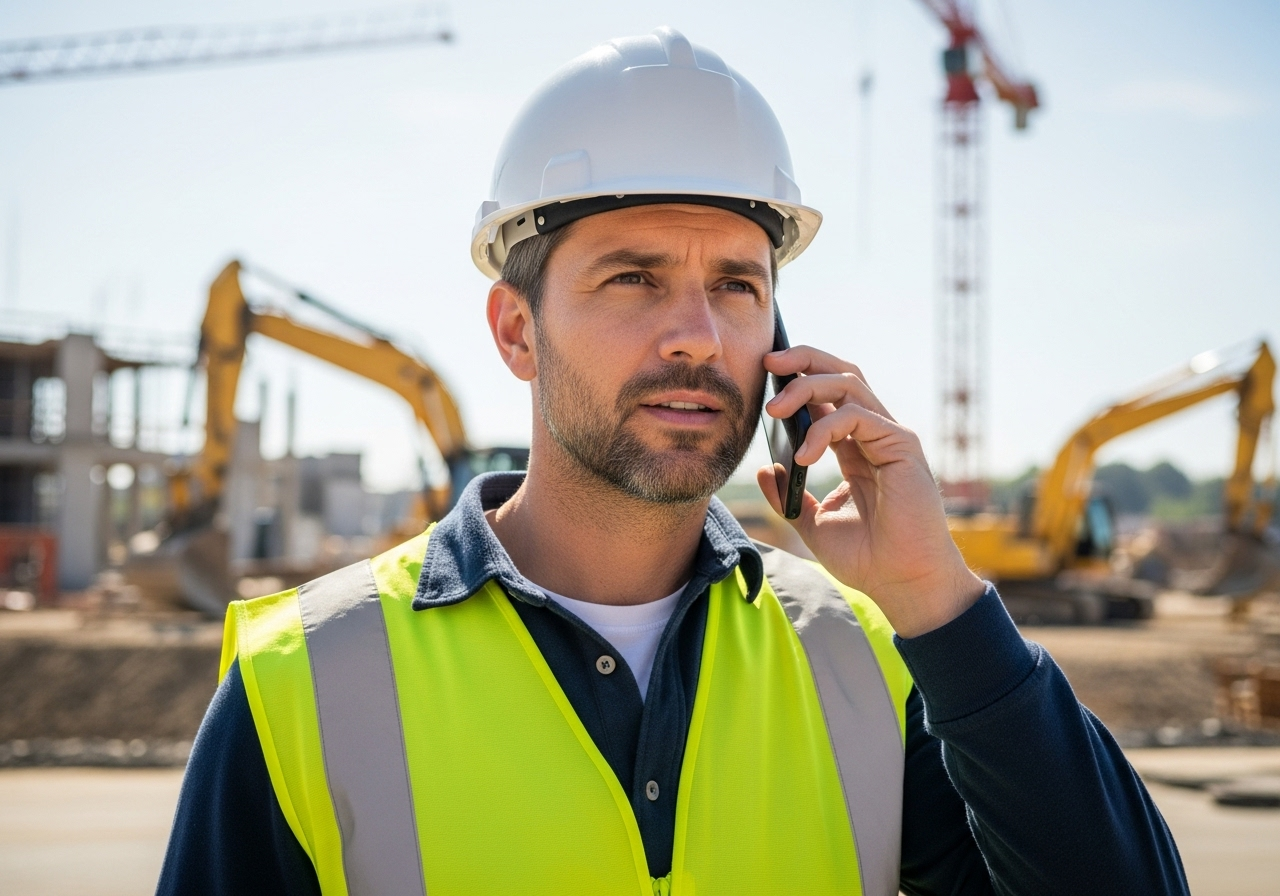 Construction worker on phone